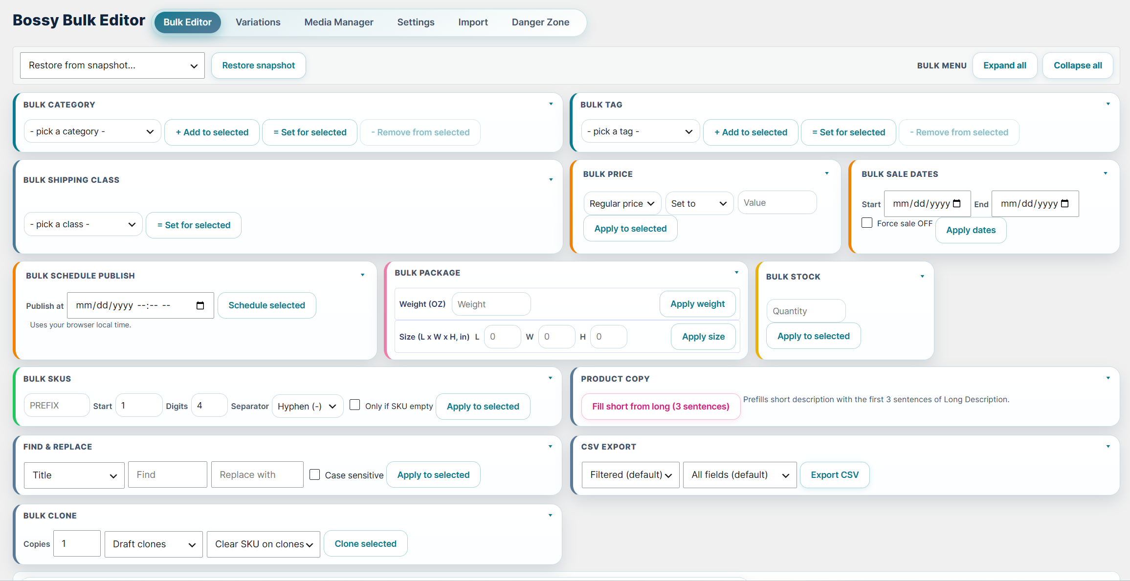 Bossy bulk action accordion expanded showing all bulk tools
