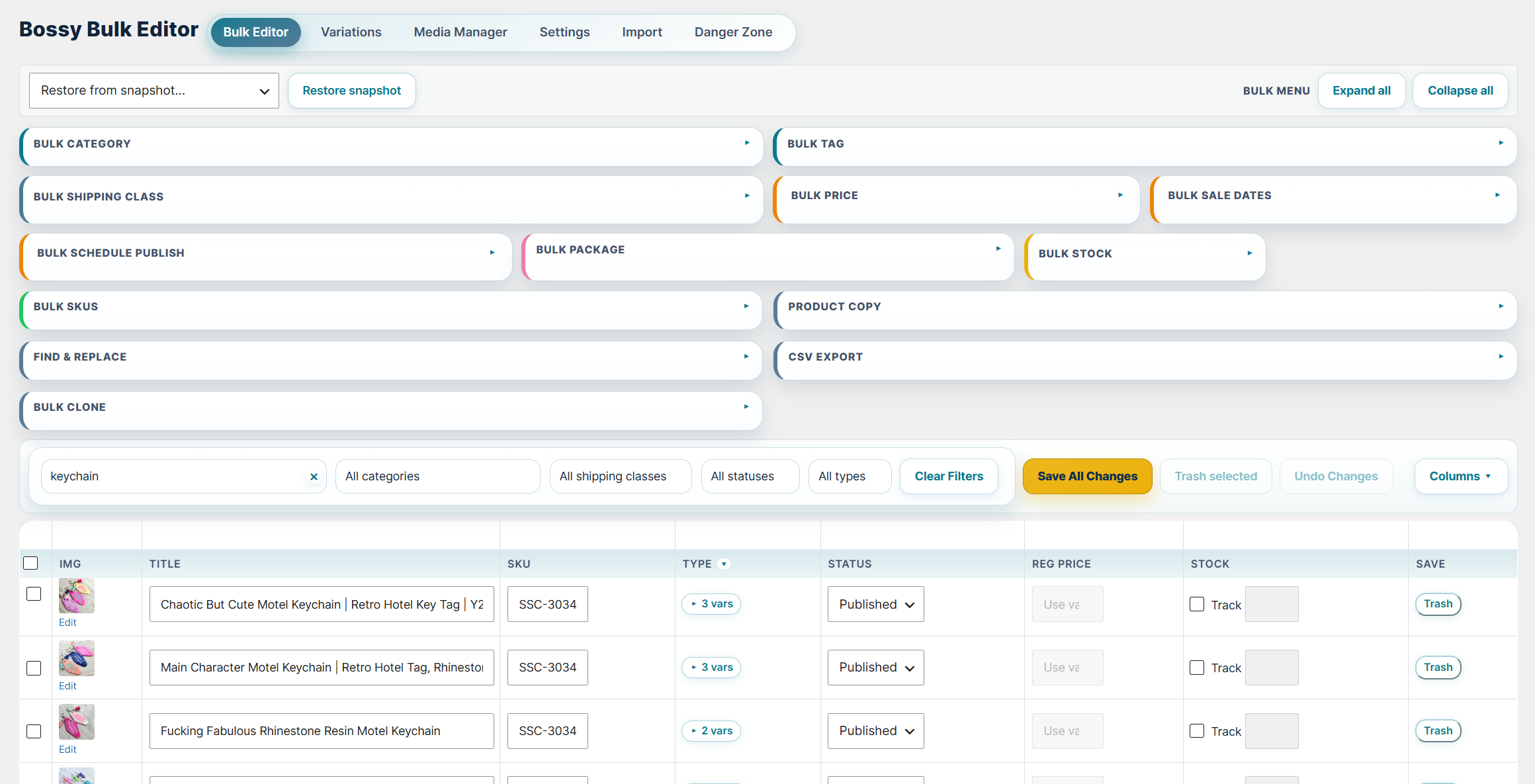 Bossy Bulk Editor grid showing ShesSoCraftyGoods keychain products