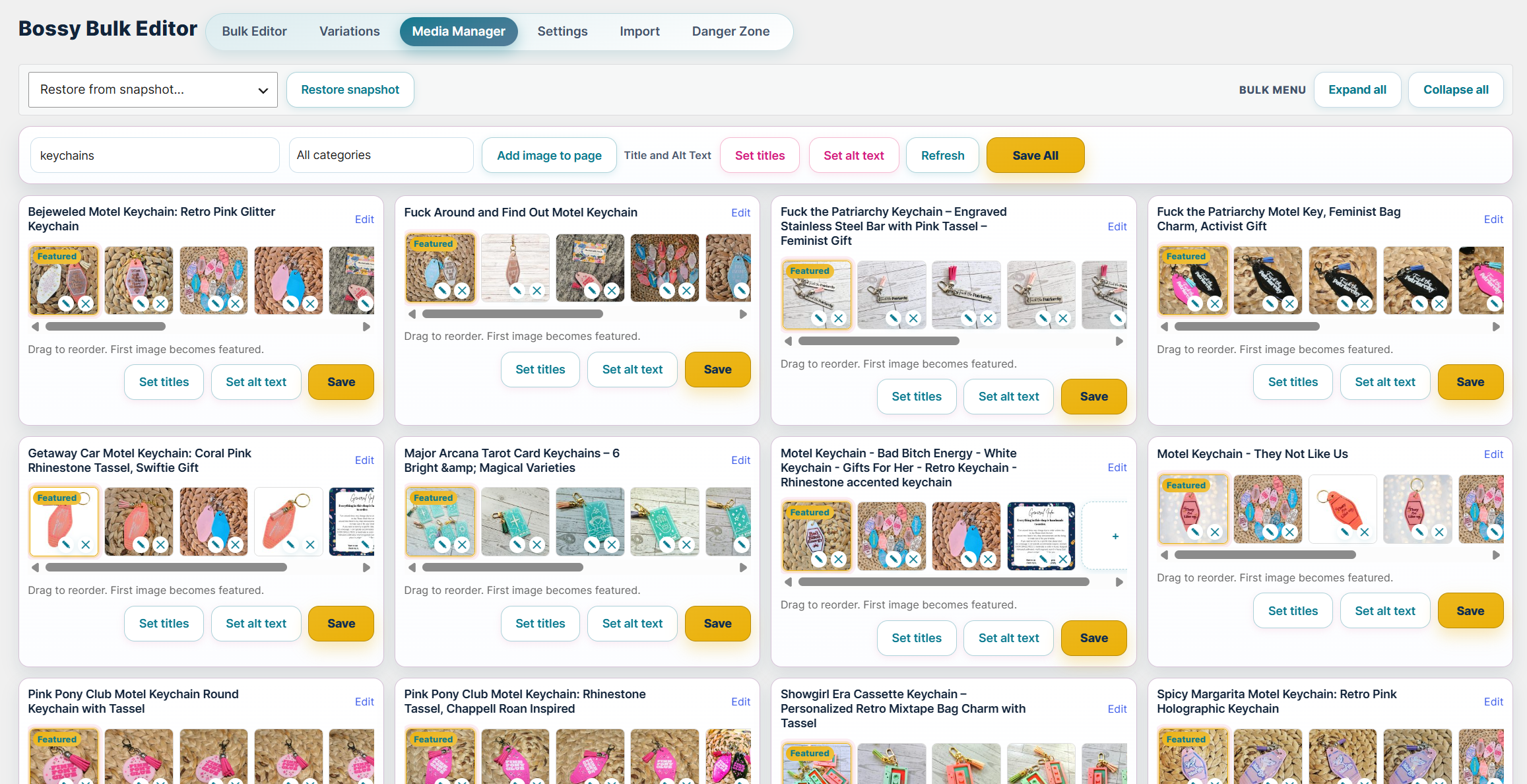 Bossy Media Manager showing keychain product gallery cards with drag-to-reorder strips