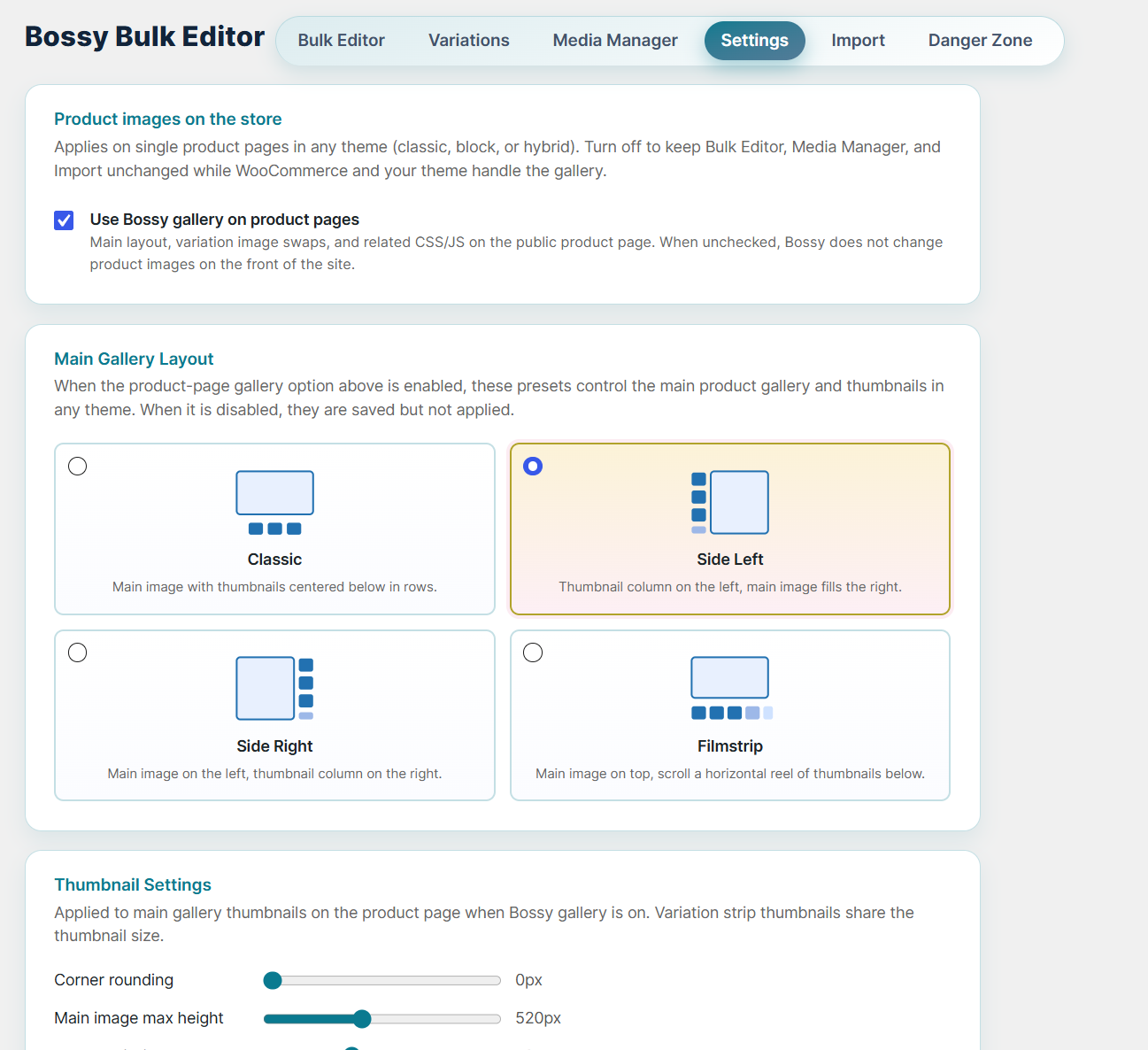 Bossy Settings tab showing gallery layout presets: Classic, Side Left, Side Right, Filmstrip, Tiled Collage