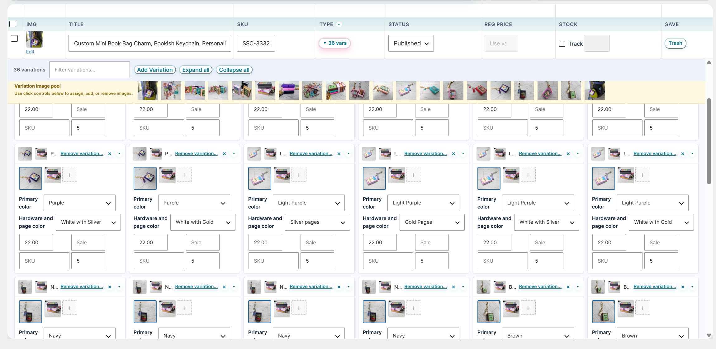 Bossy variation editor expanded showing 36 variations of a book bag charm with image pool