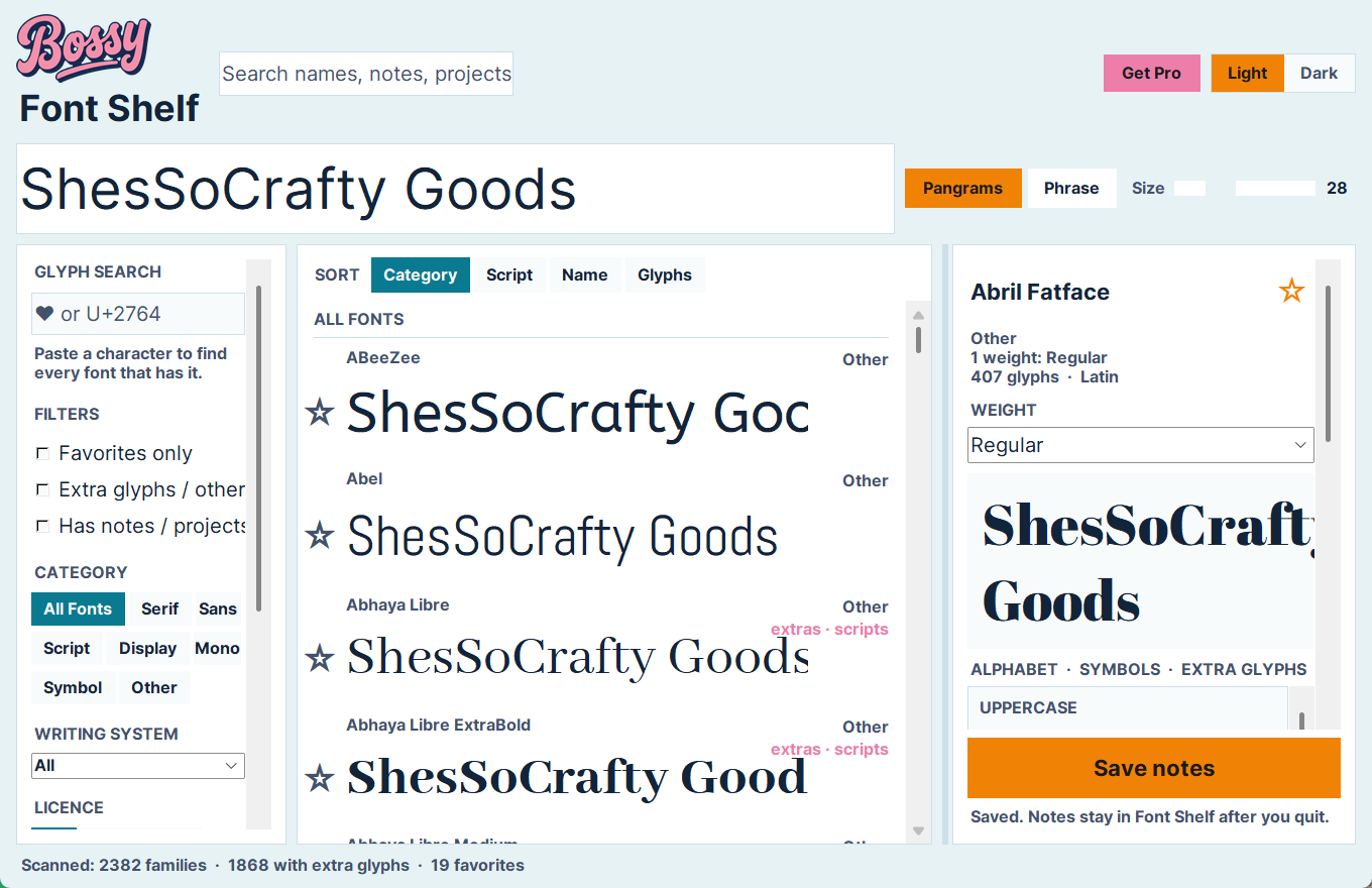 Bossy Font Shelf showing installed fonts previewed in a shop name, with glyph search and filters